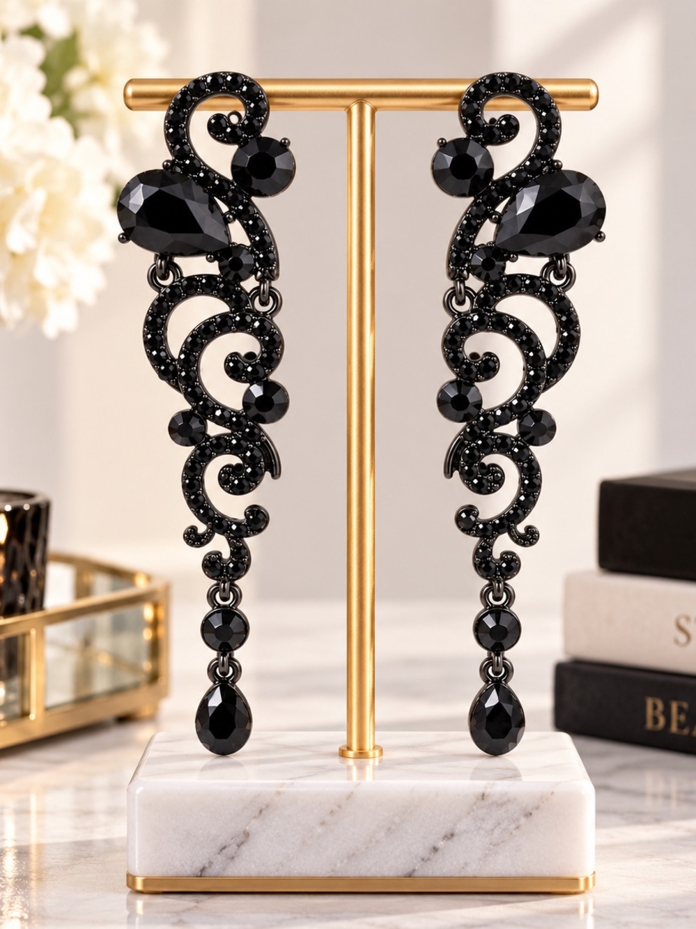 Black Crystal Chandelier Earrings Gothic Baroque Scroll Dangle Halloween NEW